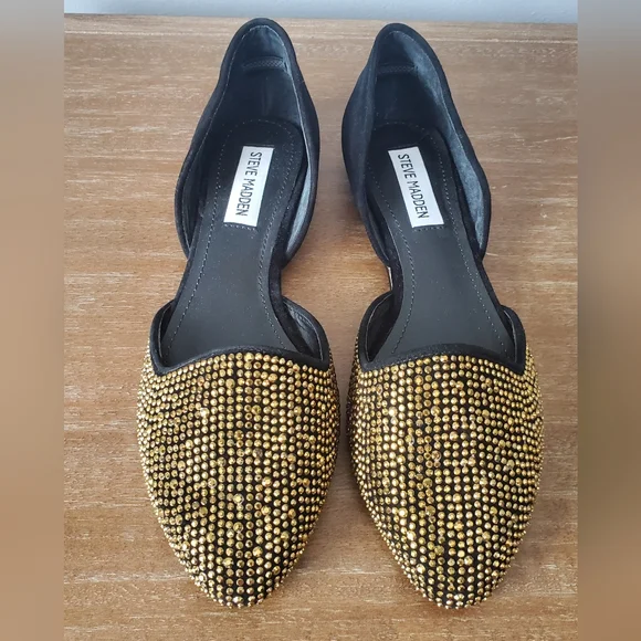 Steve Madden Vamp-G Women's 8 d'Orsay Flats Shoes Black Suede Gold Rhinestones - Picture 6 of 11
